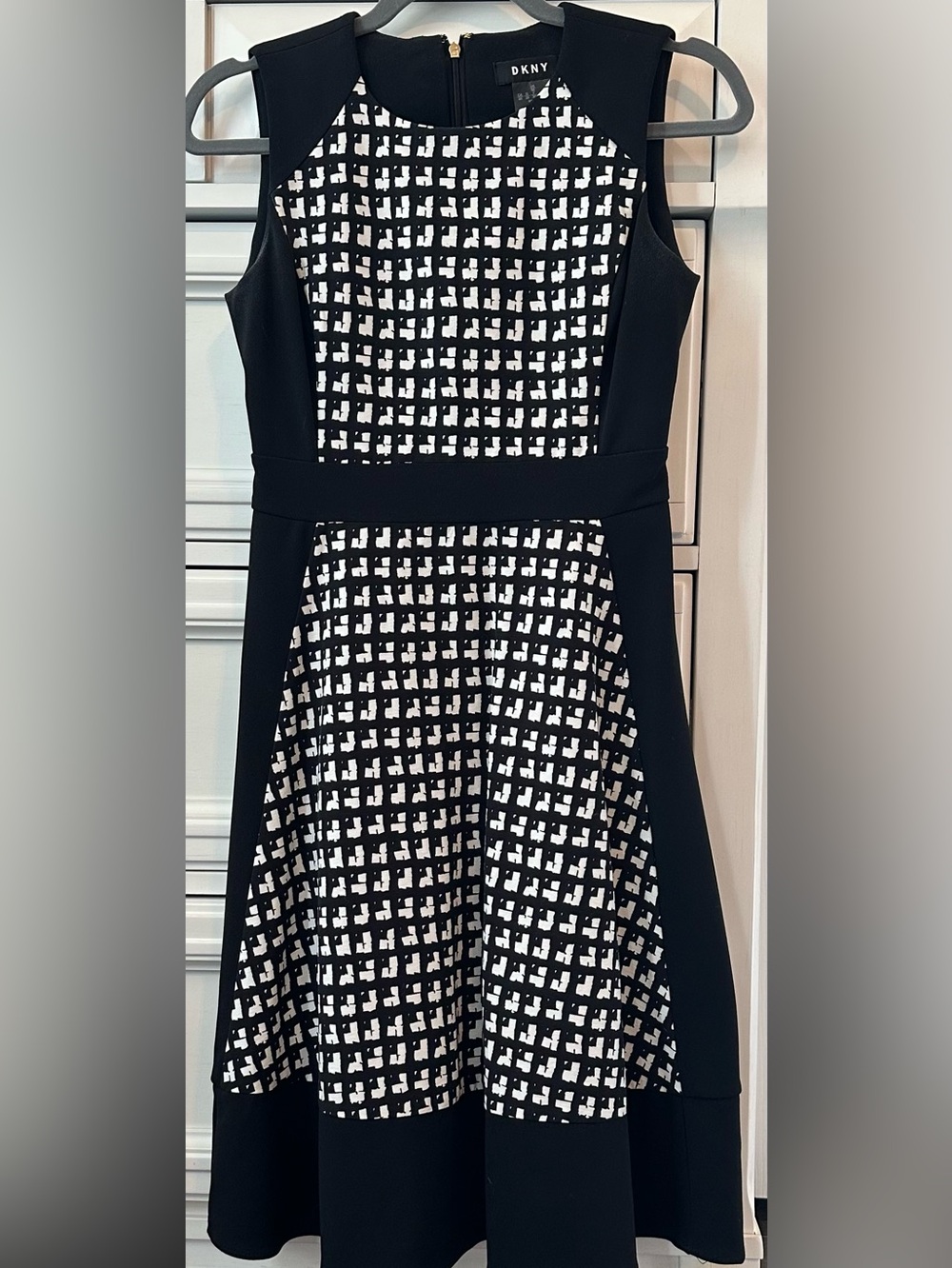 DKNY Black White Geometric Fit & Flare Dress XXS 00